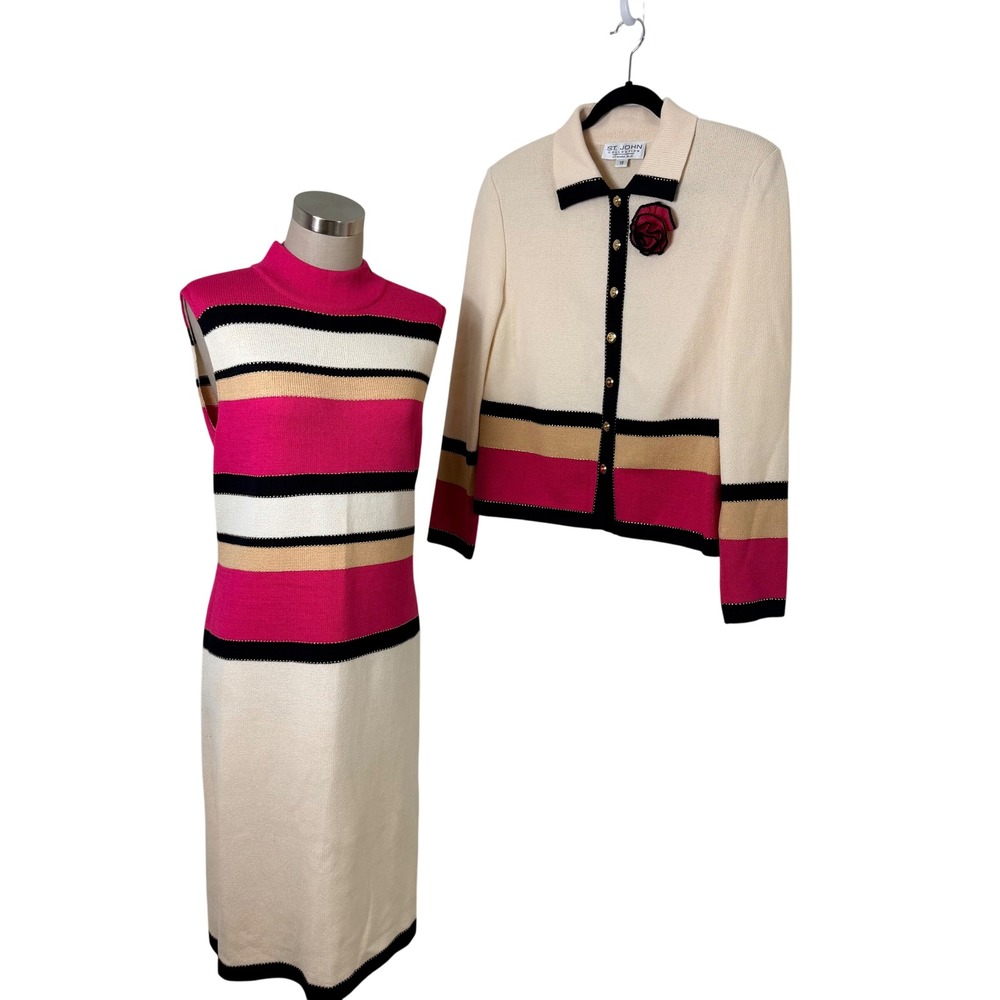 Vintage St.John Collection Santana Knit Dress Jacket Pin Set Pink Cream 10 USA - Picture 2 of 16